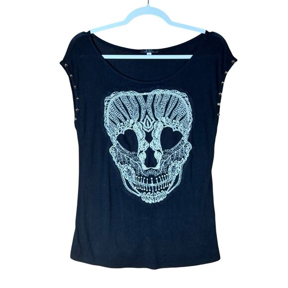 Edgy Girly Goth Black Embroidered Skull Tee Lace Punk Rock Grunge Sz Small Top - Picture 1 of 5